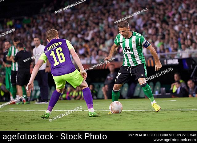 Seville, Spain. 15h, September 2022. Joaquin (17) of Real Betis and Aslak Witry (16) of Ludogorets seen during the UEFA Europa League match between Real Betis...