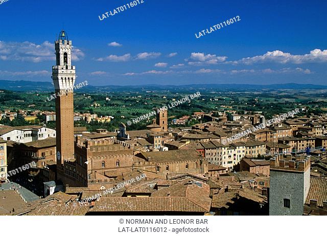 There is a good view over the historic medieval centre of the town from the Torre del Mangia. It is a UNESCO world heritage site