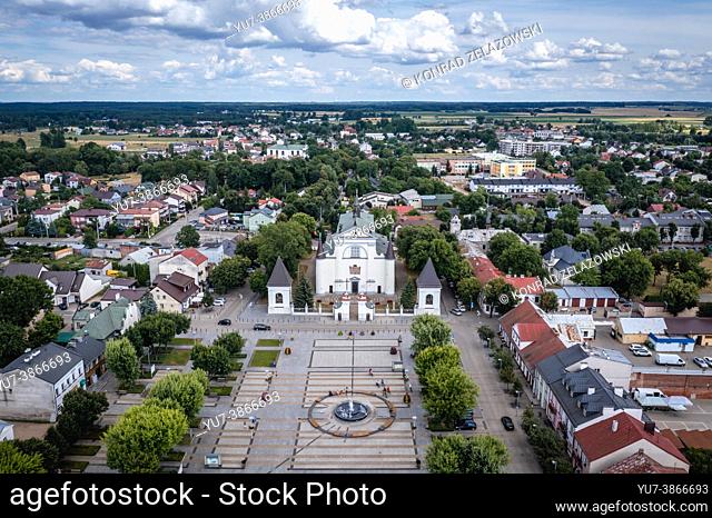 Aerial view of Basilica of the Assumption of the Blessed Virgin Mary in Wegrow town located in Masovian Voivodeship of Poland