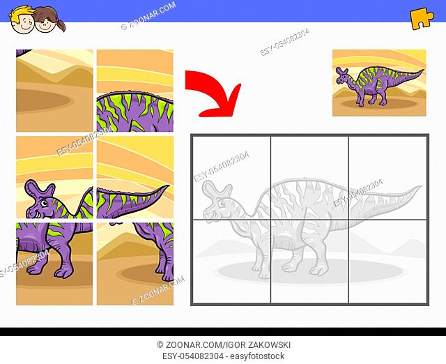 Cartoon Illustration of Educational Jigsaw Puzzle Activity Game for Children with Funny Dinosaur Animal Character