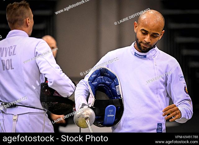 Fencing Athlete Neisser Loyola Lavin reacts after loosing a fight in the men's 1/16 final epee competition, at the European Games in Krakow