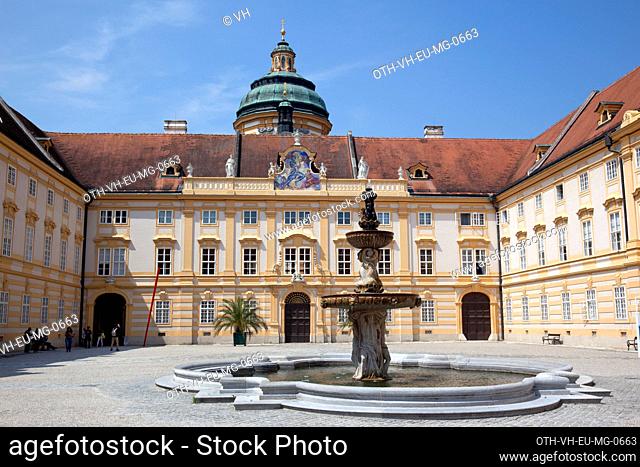 Prelate's courtyard side building with statues of apostles and prophets on the cornices, Melk Abbey, a Benedictine abbey above the town of Melk