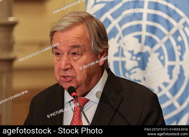 19 October 2023, Egypt, Cairo: UN Secretary-General Antonio Guterres speaks during a press conference with Egyptian Minister of Foreign Affairs Sameh Shoukry...