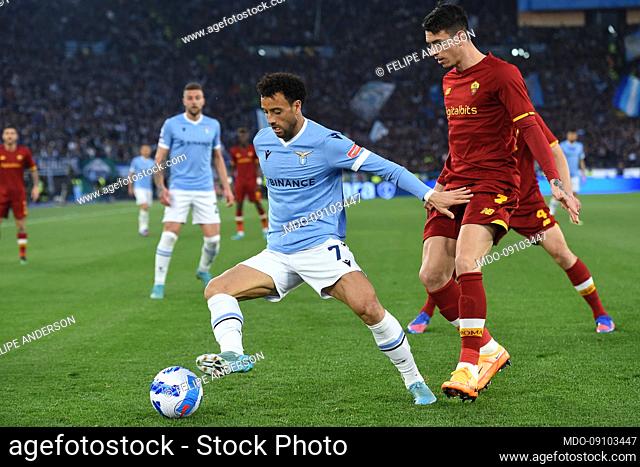 The Roma footballer Roger Ibanez and Lazio footballer Felipe Anderson during the Roma-Lazio match at the stadio Olimpico
