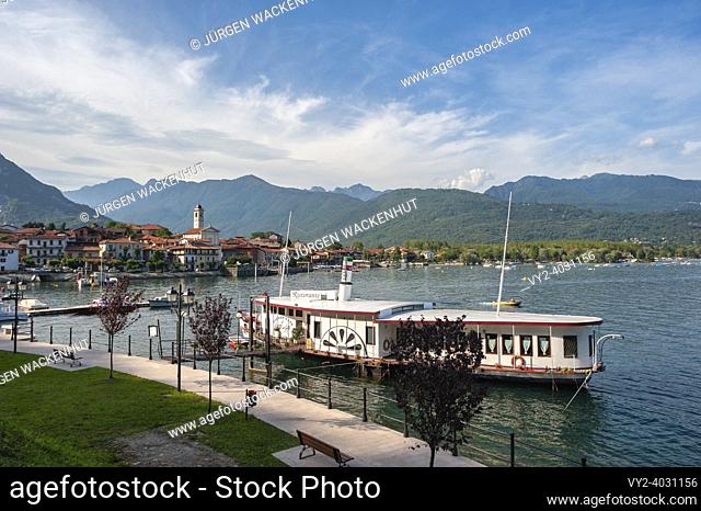 Townscape with ship restaurant on the lake promenade, Feriolo, Piedmont, Italy, Europe. View of Feriolo on Lake Maggiore