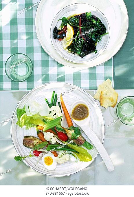 Vegetables with egg & anchovy paste, blanched leafy vegetables with Ladolemono sauce