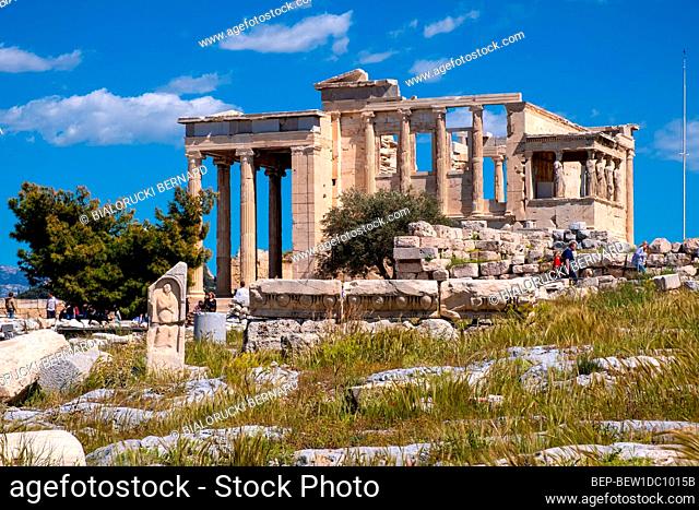 Athens, Attica / Greece - 2018/04/02: Panoramic view of Erechtheion or Erechtheum - temple of Athena and Poseidon - within ancient Athenian Acropolis complex...