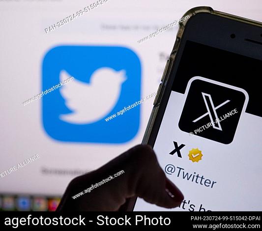 24 July 2023, Berlin: Twitter's official profile on a smartphone screen shows the white letter X on a black background, while the previous logo of the short...