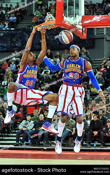Exhibition by the Harlem Globetrotter basketball team at the sports hall. Rome (Italy), April 22nd, 2012