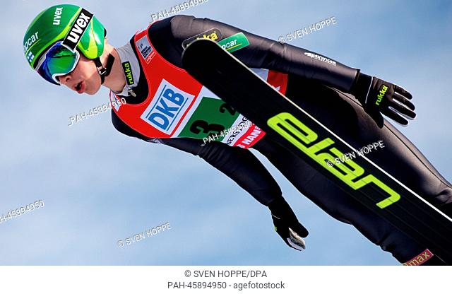Mikke Leinonen form Finland in action during the ski jumping event of the team competition at the nordic combined world cup in Oberstdorf, Germany