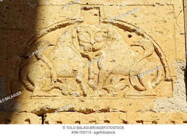 Relief of lions on the entrance door. Caravasar de Alay Han. Aksaray. Cappadocia. Turkey
