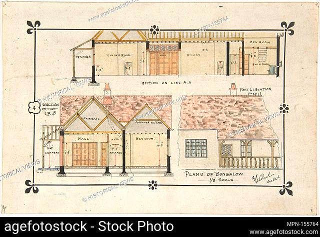 Bungalow drawing -- Western elevation and interior. Artist: Ernest Geldart (British, London 1848-1929); Date: late 19th-early 20th century; Medium: Watercolor