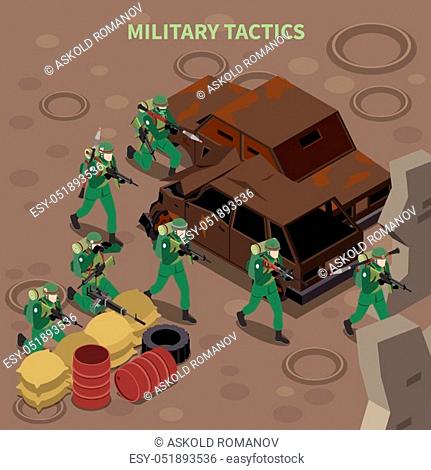 Military tactics isometric composition with armed infantry group going on attack with machine guns vector illustration