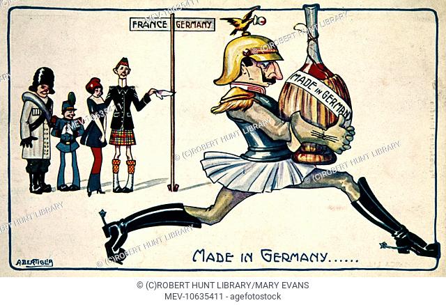 Made in Germany, an anti-German First World War cartoon, showing a long-legged Kaiser Wilhelm II running from France to Germany with a flask of wine