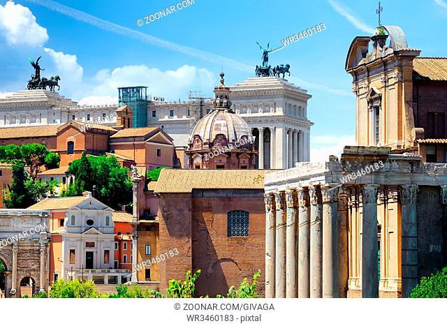 Ancient ruins of forum and Victor Emmanuel II monument in Rome, Italy