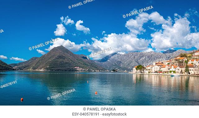 Houses on the coast in the beautiful Perast town in the Kotor Bay, Montenegro
