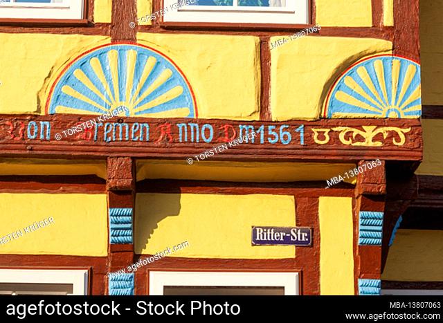 Painted half-timbered beams, historic half-timbered house, old town, Verden, Lower Saxony, Germany, Europe
