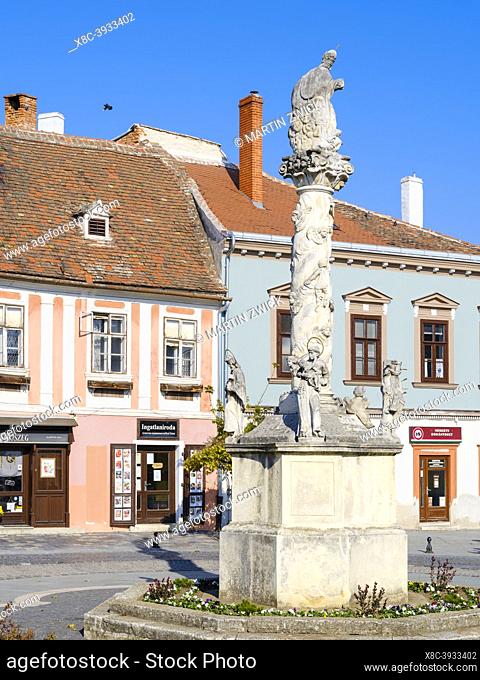 Plague column also called holy trinity column. The medieval town Koeszeg in Western Transdanubia close to the austrian border
