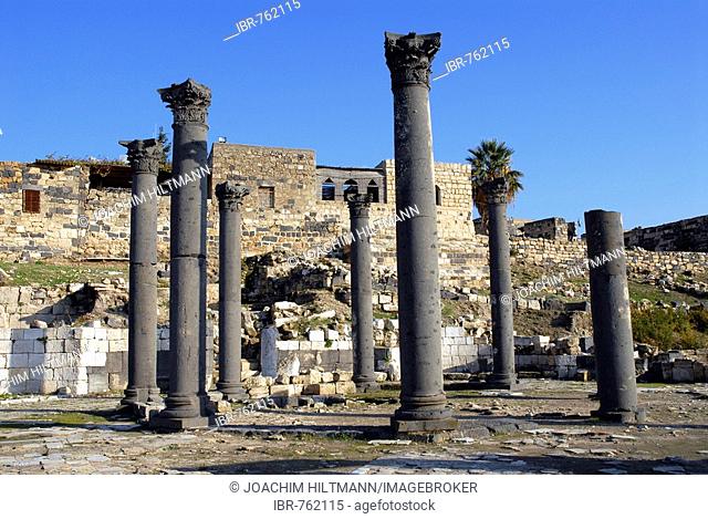 Columns, ruins of an ancient Greco-Roman basilica at Umm Qais, Gadara, Jordan, Middle East, Asia