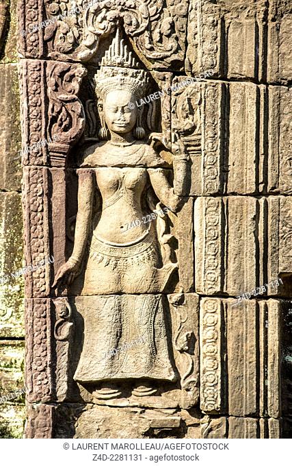 Bas-relief of a Devata Statue of Banteay Kdei, the Citadel of Chambers also known as Citadel of Monks' cells. It is Buddhist temple