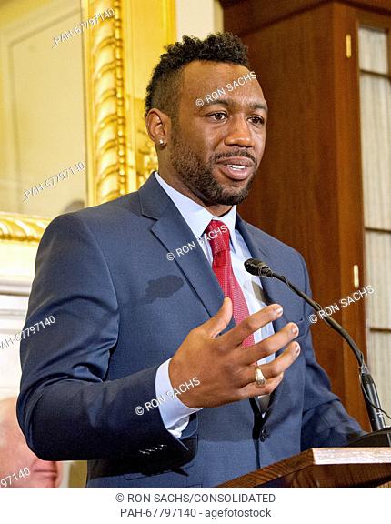American professional boxer and former WBA super welterweight champion Austin Trout makes remarks at a press conference to discuss the observational study on...