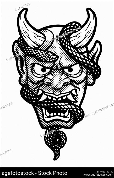 Japanese mask of a demon with a snake