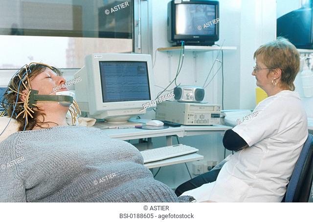 Photo essay from hospital. Neurology unit. A nurse records cerebral activity. Through cerebral stimulation, the nurse is able to monitor brain activity