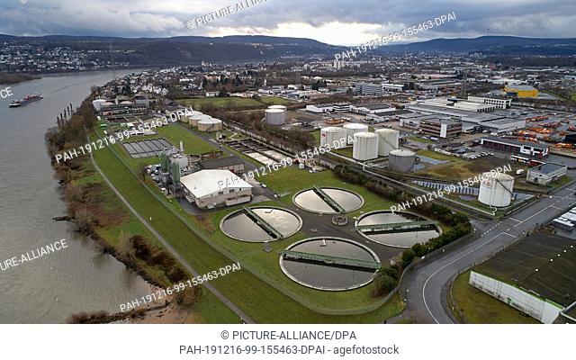 12 December 2019, Rhineland-Palatinate, Koblenz: The aerial view with a drone shows the sewage treatment plant in the Koblenz industrial area