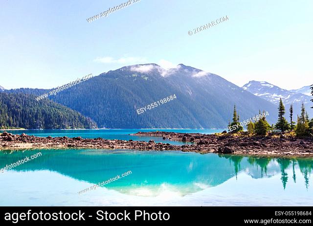 Hike to turquoise waters of picturesque Garibaldi Lake near Whistler, BC, Canada. Very popular hike destination in British Columbia
