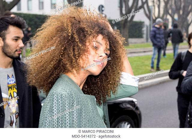 French model Tina Kunakey coming at Emporio Armani fashion show during the Fahion Week F/W 2017/2018. Milan (Italy), february 24, 2017