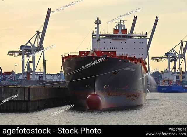 Das Frachtschiff Toronto Express im Ellerholz Hafen in Hamburg (Deutschland) in leichtem Gegenlicht am 8. August 2014 fotografiert