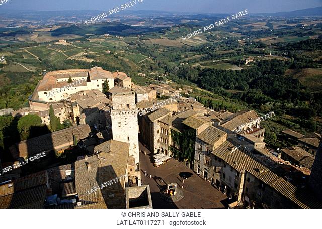 San Gimignano is a small walled medieval hilltop town in Tuscany, famous for its medieval architecture, especially the tall towers