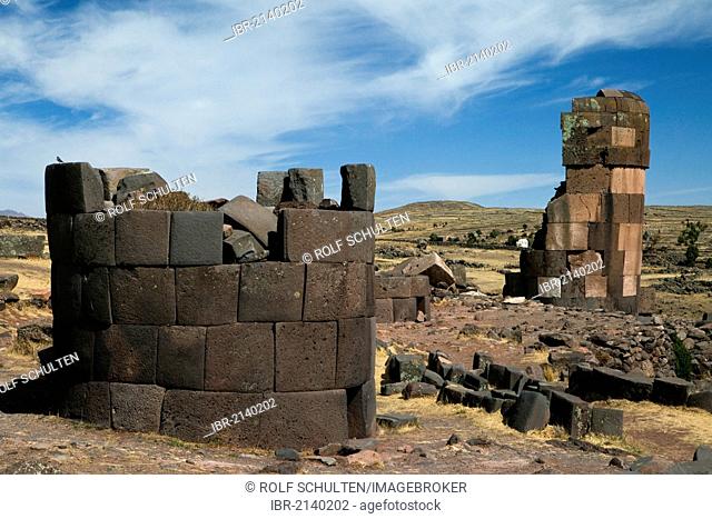 Burial towers called chullpas, of the Aymara people from the Colla culture above Lake Umayo near Puno, conquered by the Incas in the 15th Century and reused