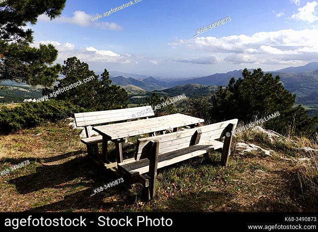 Landscape with picnic table near Mormanno, Calabria, Italy