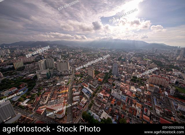 George Town, Penang/Malaysia - Jun 18 2017: Aerial view sunray over Georgetown in evening