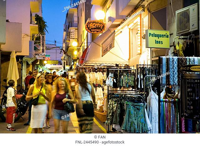 People in market, San Antonio, Ibiza, Balearic Islands, Spain
