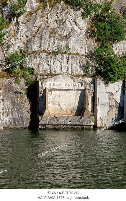 The Tabula Traiana or Trajanova tabla on the Serbian bank of the Danube River, border between Romania and Serbia, Serbia
