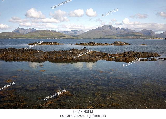 Scotland, Highland, Tokavaig, The Cuillin mountains viewed across Loch Eishort, a sea loch on the coast of Skye
