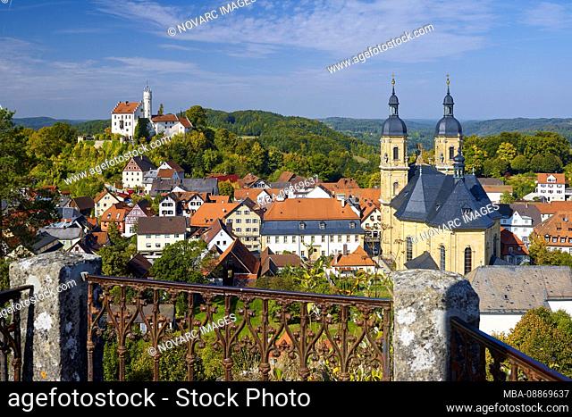 View from the Kreuzberg on Pilgrimage Church and castle, Goessweinstein, Upper Franconia, Bavaria, Germany