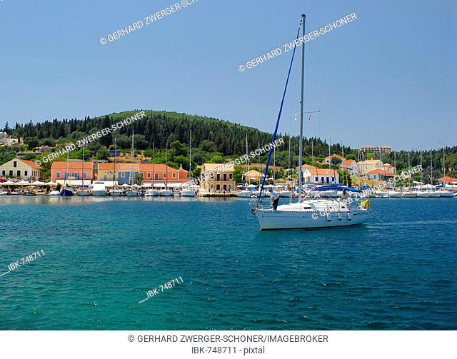 Sailboat in the harbour of Fiscardo, Kefalonia, Ionian Islands, Greece