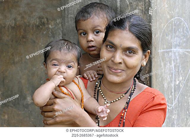 Closeup of Warli tribe Mother with her babies