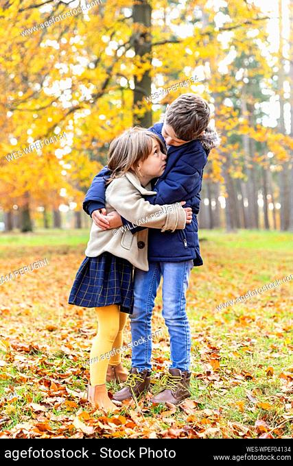 Sibling embracing while standing at forest