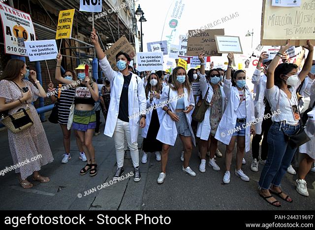 Madrid, Spain; 08/06/2021.- Hundreds of aspiring resident intern doctor (MIR in spanish) and the rest of the health professions have demonstrated this Tuesday...