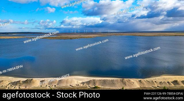 24 November 2023, Brandenburg, Cottbus: View over the newly created Cottbus Baltic Sea (aerial view with a drone). According to the operator Leag