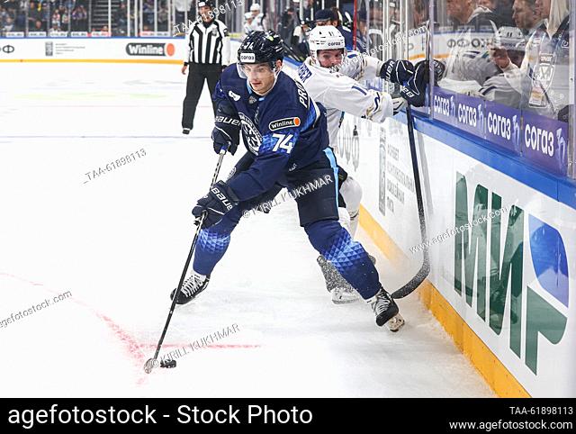 RUSSIA, NOVOSIBIRSK - SEPTEMBER 7, 2023: Sibir's Nikolai Prokhorkin (L) and Barys' Riley Barber are in action in a 2023/24 KHL Regular Season ice hockey match...