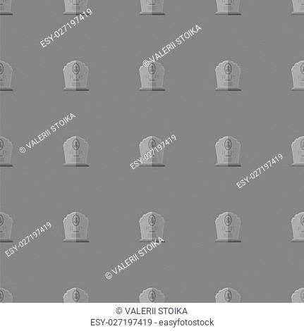 Gravestone Seamless Pattern on Grey Background. Granitic Stone Monuments on Halloween Cemetery. Grave Template