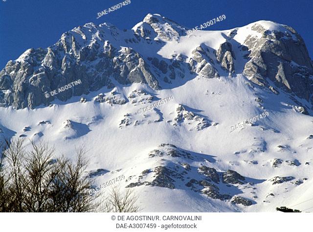 The Corno Piccolo mountain covered with snow, seen from Prati di Tivo, Gran Sasso and Monti della Laga National Park, Abruzzo, Italy