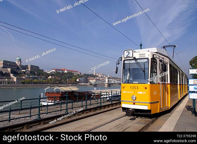Budapest (Hungary). Tram along the Danube river in the city of Budapest