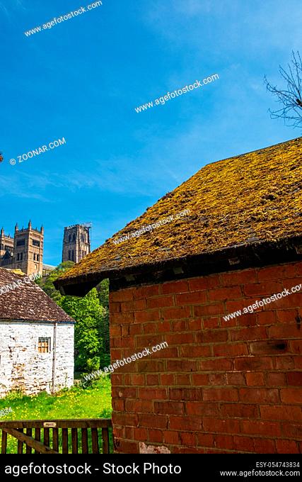 Beautiful spring scene of traditional buildings and Durham Cathedral in the background in Durham, UK
