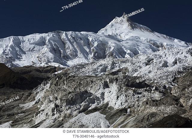 Manaslu, world's eighth highest peak (8, 163 metres), and its glaciers, Samagaon, Nepal